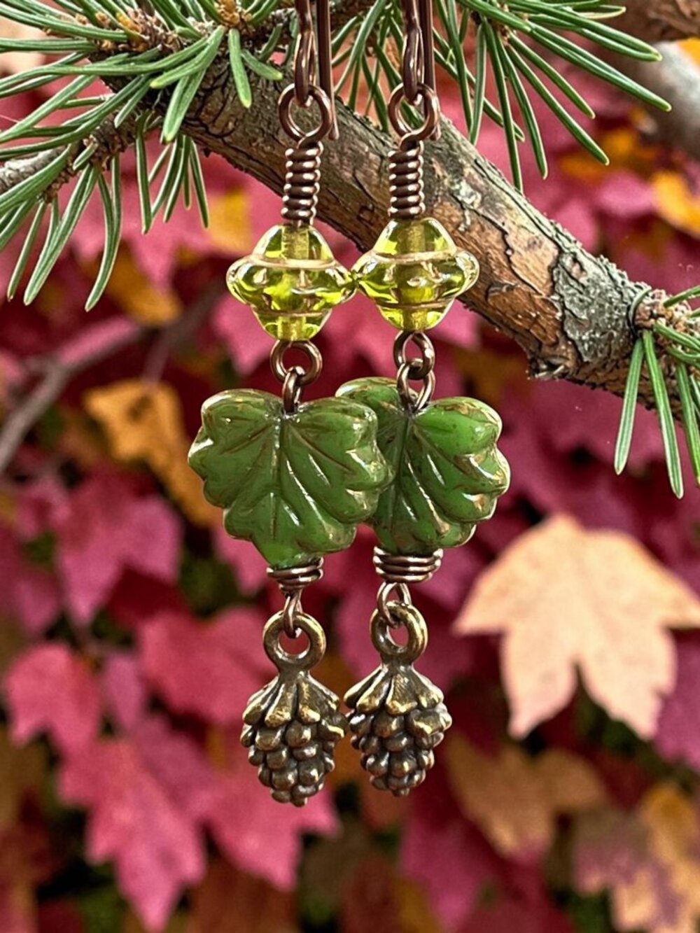 Woodland Boho Nature Dangle Earrings | Leaf Earrings | Pinecone Charms